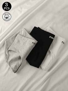 3 件女士舒适透气内裤，字母和纯色款式，收腹提臀 - 彩色 - 查看 4