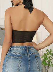 1pc Sheer Mesh Sexy Bustier Crop Top, Lace-Up Spaghetti Strap Corset Vest For Party