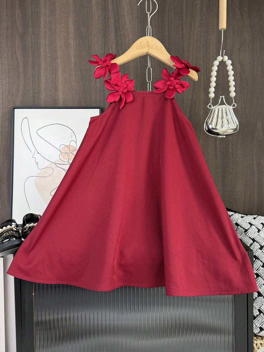 Vestido de tirantes de unicolor tejido lindo para niñas en verano - Burdeos - Ver 1