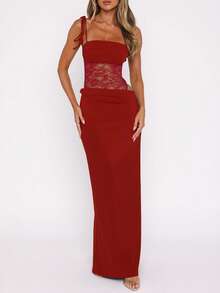 女士优雅派对晚礼服，浪漫假期，情人节约会，时尚性感蕾丝拼接鱼尾裙，适合日常休闲、派对、婚礼、周年纪念、音乐节、春夏秋 - 紅色 - 查看 8