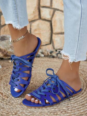 Women's Boho Casual Cutout Lace-Up Flat Sandals, Geometric Retro Pattern, Stylish For Beach, Party, Holiday, Spring/Summer/Autumn