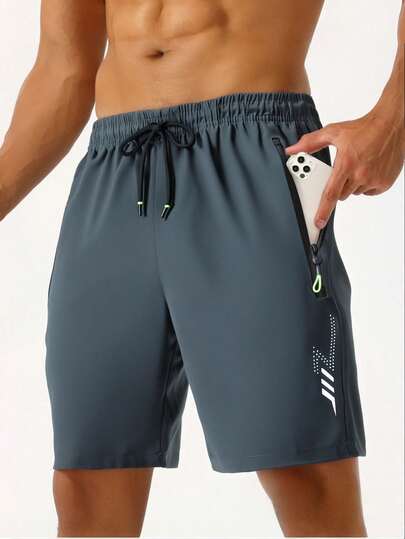 New Summer Lightweight Men's Shorts, 4-Way Stretch, Loose Fit 5-Inch Inseam, Men's Sports Shorts, Beach Shorts, Fitness Shorts, Running Shorts With Pockets, Zipper, Reflective Print, Solid Color
