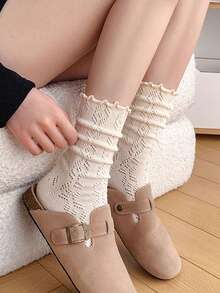 2 Pairs Women Ruffle Trim Fishnet Patterned Mid-Calf Socks, Hollow Diamond Design, For Daily Wear - Multicolor - View 10
