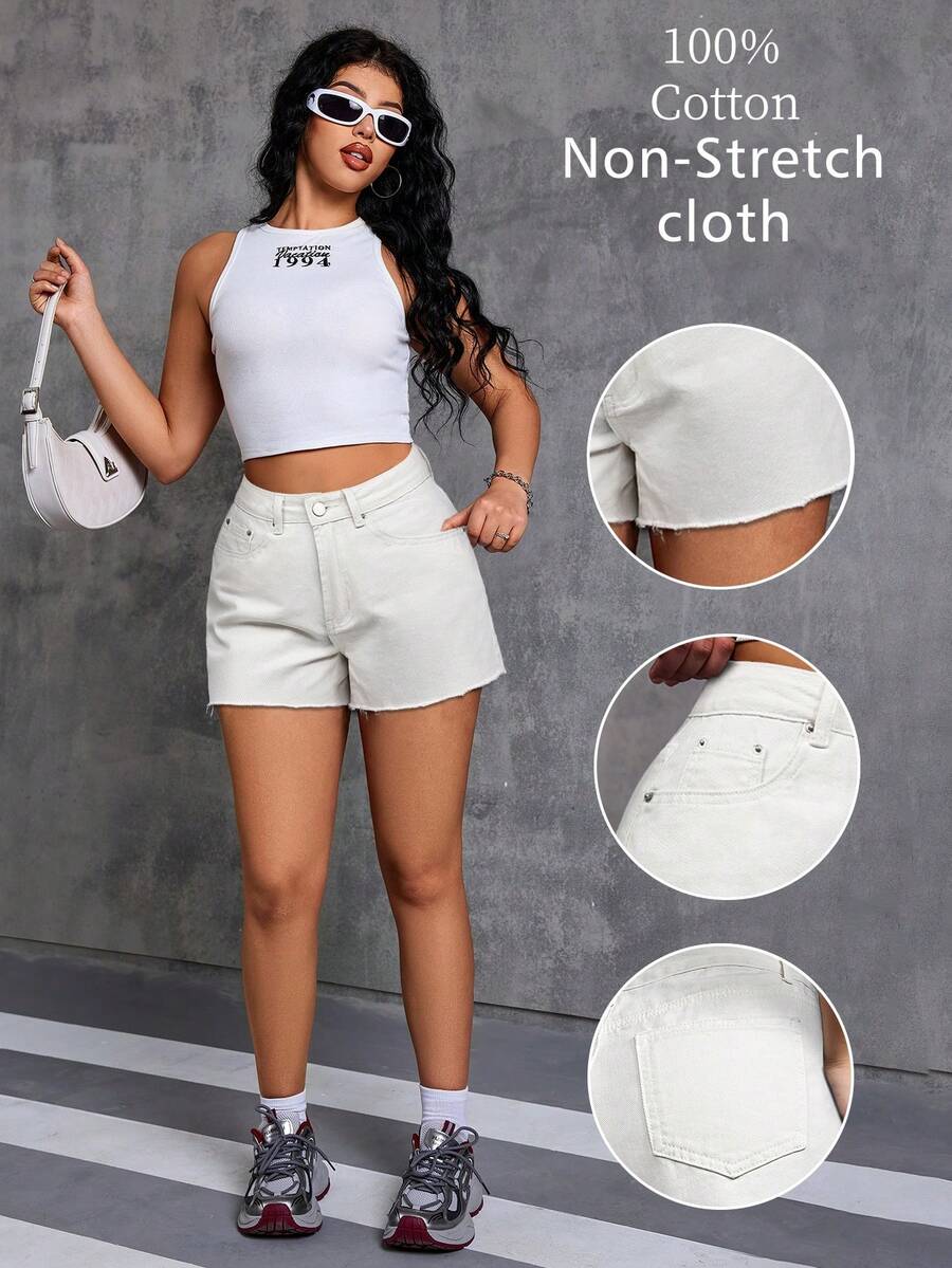 Women's Casual White Washed Denim Shorts, Frayed Hem, Pockets, Non-Stretch Woven Fabric, Straight Leg Short Design, Summer - White - View 1