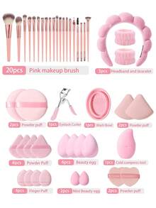 56件套化妆刷套装，包括眼影刷、眉刷、粉底刷、散粉刷、腮红刷、遮瑕刷和高光刷，采用超柔软优质合成毛制成，适合日常面部化妆。 - 粉色 - 查看 17