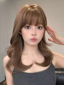 alicegarden 1 件亚麻棕色合成耐热微量假发，带刘海，18 英寸长，由纤维制成，适合日常使用，自然逼真的假发。 - 亞麻棕 - 查看 4