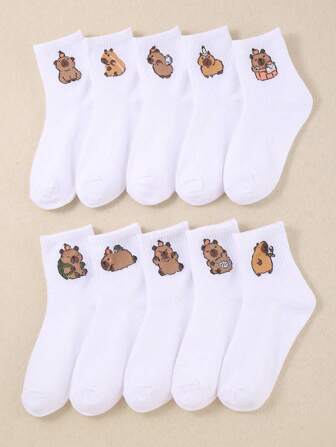 10 Pairs Of Cute Capybara Children's Socks, Capybara Middle Tube Socks, Suitable For Boys And Girls In All Seasons Of Daily Life