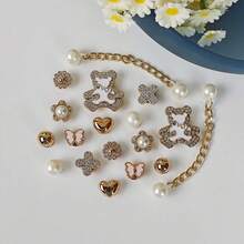 18pcs Shiny Bear, Flower, Butterfly, Heart-Shaped, Faux Pearl Chain DIY Shoe Charms Decorations, Fashionable Versatile Cute Personalized For Men & Women, Suitable For EVA Beach Shoes, Sandals, Garden Shoes, Removable Shoe Decoration, Holiday Gift - Gold - View 6