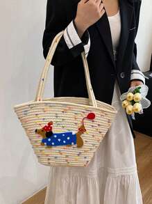 Cotton String One Shoulder Tote Bag For Women, Large Capacity Woven Bag, Ideal For Beach Vacation, Summer