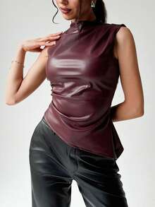 Jeta Ari 女士优雅别致复古性感机车风酒红色纯色 PU 不对称褶饰腰部背心