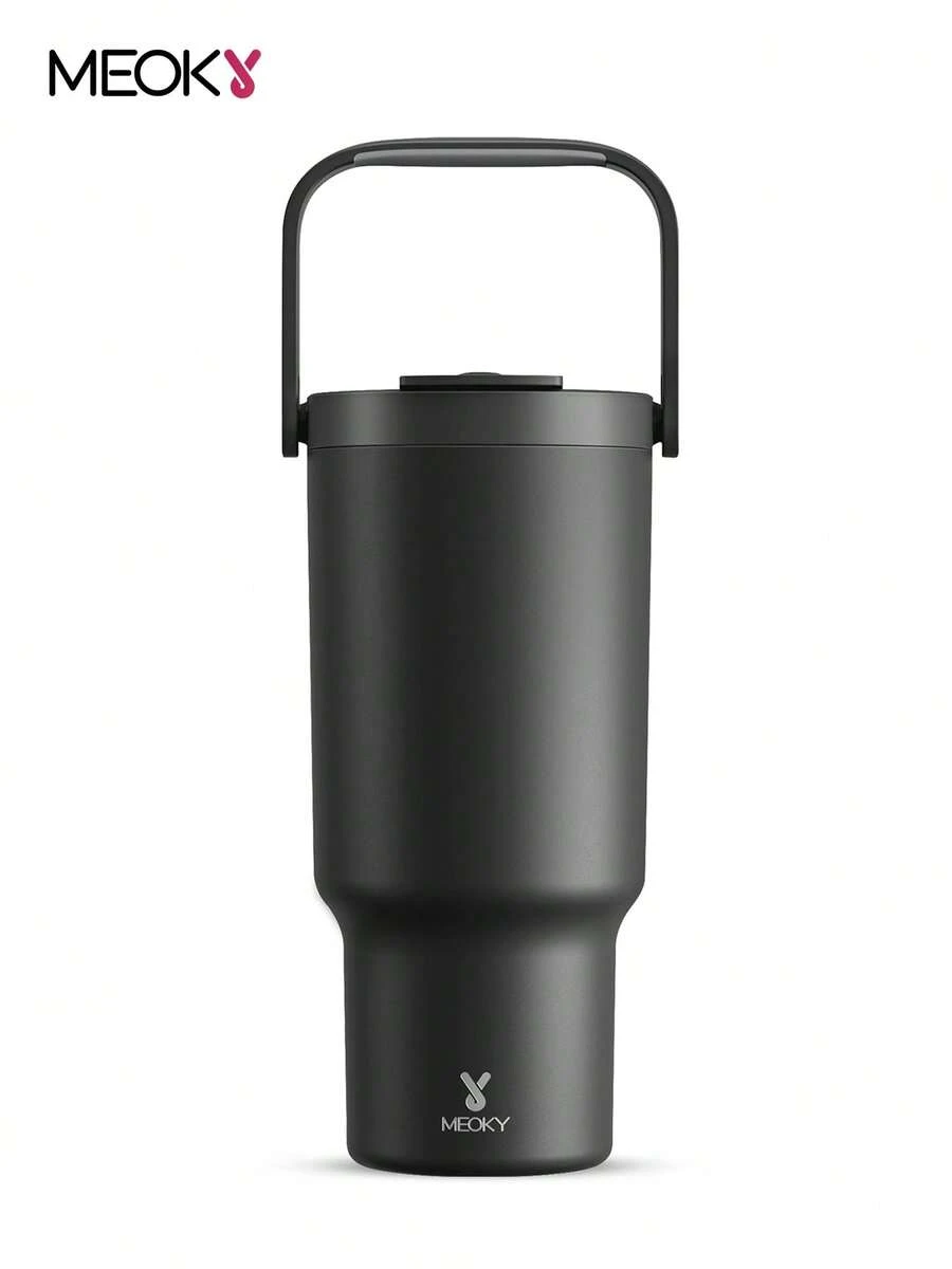 32oz Handled Insulated Water Bottle, Vacuum Insulated Thermos, Stainless Steel Travel Tumbler With Leak Proof Lid And Straw, Keeps Cold For 34 Hours Or Hot For 10 Hours, Portable Insulated Bottle For Outdoor Camping, Hiking, Driving And Road Trips - Black - View 1