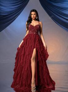 QOQ Fairy Style Women Formal Dress Romantic Evening Gown For Wedding Events, Cocktail Party, Charity Balls Pure Color Backless Sequined Mesh Dress Ballgown