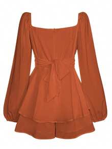 Womens Loose Shorts Jumpsuit, Solid Color Lantern Long Sleeve Square Neck Ruched Ruffled Playsuit - màu nâu - Xem 5