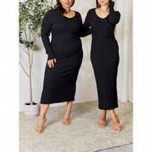 Local Shipping-Long Sleeve Midi Slit Dress,Full Size Ribbed - Black - View 7