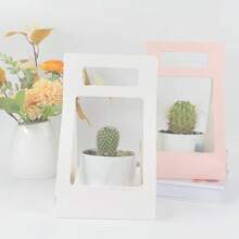 1 pieza Caja de regalo con plantas verdes y flores de color beige, Caja de regalo con planta en maceta blanca, Bolsa plegable de color rosa, Arreglo floral de rosa y clavel como empaque de regalo