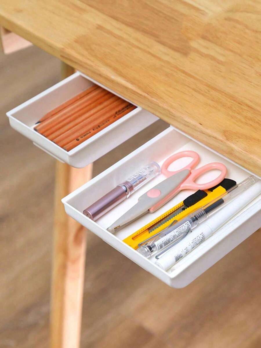 1 pieza Caja de almacenamiento con cajón deslizable, cajón de escritorio autoadhesivo, cajón de escritorio oculto, adecuado para oficina, hogar, escuela, color blanco - Multicolor - Ver 1