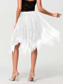 Women Tutu Tulle Skirt Fairy Elastic High Waist Party Midi Skirt Asymmetrical Tutu A-Line Mesh Layered Swing Skirts - White - View 2