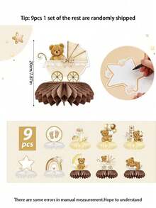 9件套 - 婴儿派对泰迪熊蜂窝中心装饰品，适合性别揭晓派对，奶油色蜂窝中心装饰品，餐桌装饰，儿童生日派对礼物，婴儿派对小礼物（棕色） - 棕色 - 查看 7