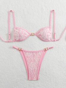 蕾丝面料可调节吊带，后背系带蝴蝶结细节，珍珠装饰，女士泳装比基尼套装