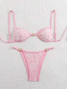 Set di bikini da donna con top a fascia regolabile in tessuto di pizzo, dettagli con fiocco sulla schiena e decorazione in perle