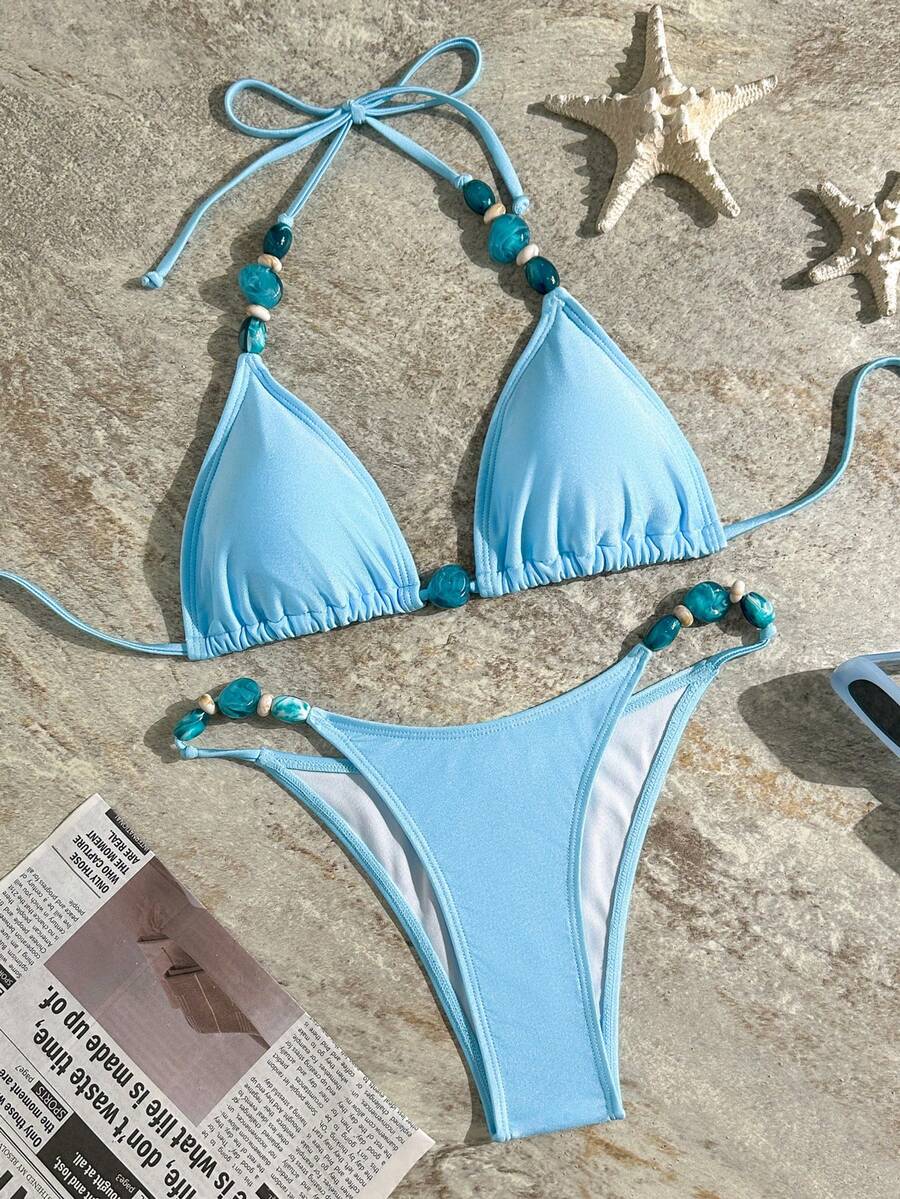 Bikini màu trơn gợi cảm phong cách Âu Mỹ dành cho nữ - Màu xanh lam - Xem 1