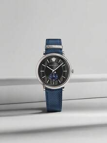 Versace Quartz Wrist Watch For Men, Business Chic Blue Leather Adjustable Strap Watch With Vertical Stripe Dial And Siliver Stainless Steel Case,VEBQ01018 - Navy Blue - View 1