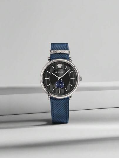 Versace Quartz Wrist Watch For Men, Business Chic Blue Leather Adjustable Strap Watch With Vertical Stripe Dial And Siliver Stainless Steel Case,VEBQ01018