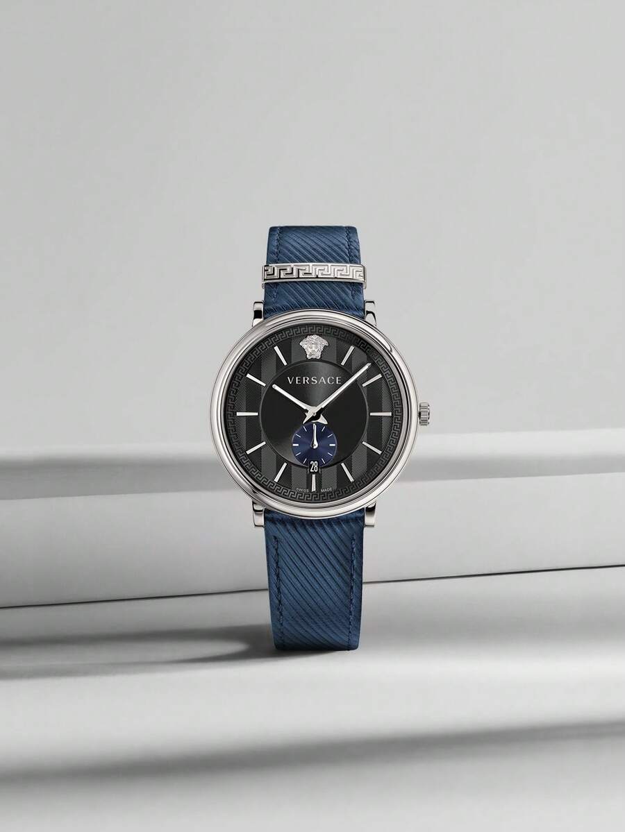 Versace Quartz Wrist Watch For Men, Business Chic Blue Leather Adjustable Strap Watch With Vertical Stripe Dial And Siliver Stainless Steel Case,VEBQ01018 - Navy Blue - View 1