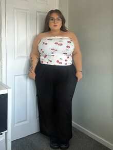 Hourglow Emily_louise_swain Plus Cherry Print Lace Trim Ruched Top, For Summer, For Hourglass Body Shape - White - View 6