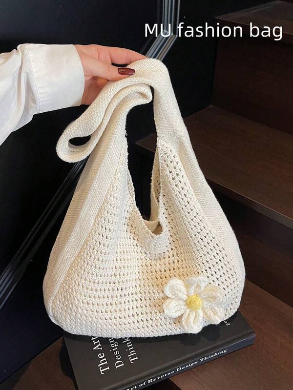 1pc, 2025 Spring/Summer New Arrival, Large Capacity Woven Bag, Simple & Chic Countryside Style, Beach Tote, Hollow-Out Design, Woven Floral Decor, Versatile For Daily Use, Commute, Shopping, Date, Women's Shoulder Bag