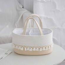 1pc Baby Diaper Storage Basket, Toy Organizer Basket With Tassel Handle, Handwoven Divided Portable Design