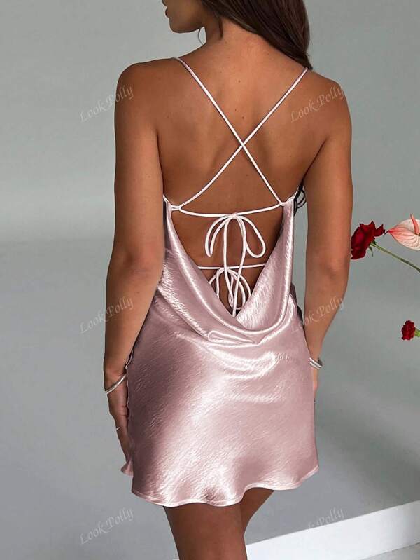 Women Easter Ceremony Dress, Spring/Summer Floral, Elegant, Pastoral Style, Mini Satin Princess Dress, Pink Party Dresses, White Backless Spaghetti Strap Graduation Gown, Sexy Spaghetti Strap Short Dress, Beach Vacation Bohemian Maxi Dress