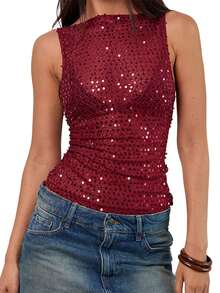 Camiseta de tirantes de mujer con lentejuelas, ajustada, transparente, con estilo, de color liso, sin mangas, para verano y primavera - Burdeos - Ver 7