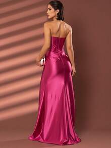 LONG WEDDING PARTY DRESS FOR BRIDESMAID FASHIONISTA STRAPLES WITH SLIT - Hot Pink - View 2