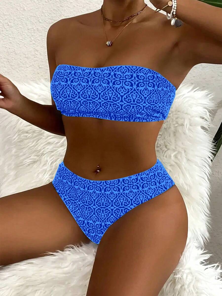 [高弹力比基尼] 新款性感可爱高弹力女士时尚比基尼套装 - 可机洗，随机印花设计，抹胸和高帮裤沙滩泳衣套装。
