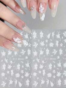 2pcs Elegant White Magnolia 3D Nail Stickers - Self-Adhesive Five-Petal Flower Decals, Suitable For DIY Wedding And Party Nail Art, Glitter Effect, Single-Use - White - View 3