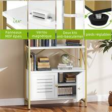 Bibliothèque avec armoire de rangement, étagère à livres à 5 niveaux avec portes pour la chambre à coucher, le salon et le bureau, blanc et or - Blanc - Voir 3