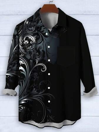 Vintage Floral Ombre Art 3D Digital Print Button Pocket Long Sleeve Shirt For Plus Size Men, Fall