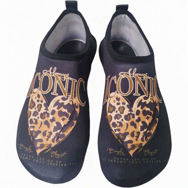 1 Pair Black Leopard Print Heart Soft Bottom Edged Black Butterfly Heel Wading Shoes, Soft And Skin-Friendly