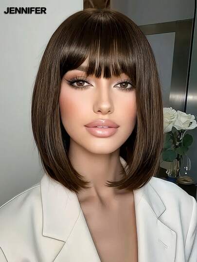 JENNIFER [Brown Wig] 12-Inch Short Brown Wig For Women With Bangs Straight Hair, Lightweight And Breathable, Easy To Wear High-Temperature Fiber, Rose Net Cap, Suitable For Daily Wear