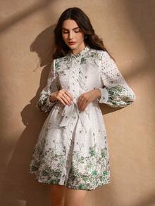 Elegant Luxury Embroidered Cotton Digitally-Printed Floral Button Decorated Ladies Long Sleeve Fresh Style Dress - White - View 8