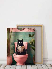 1pc Black Cat Bathroom Wall Art Poster, Abstract Cat Reading Newspaper With Modern Plant Pattern Colorful Canvas Poster Print Decor, Suitable For Living Room Bedroom, Frame Optional - Multicolor - View 13