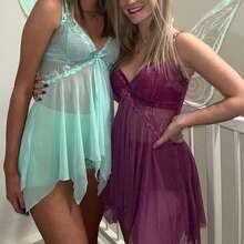 Halloween Fairy Costumes For Adult Cosplay Costume Women Lace Floral V-Neck See Through Lingerie Cami Dress + Fairy Wings 2Pcs Halloween Outfits Nightwear Party Clubwear - 綠色 - 查看 6