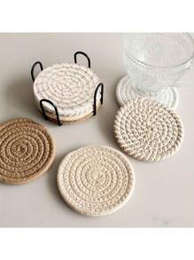 4 Or 8 Drink Coasters, Round Woven Coasters, Absorbent Drink Coasters, Handwoven Fabric Coasters, Set With A Tray, Bohemian Style, Does Not Include Stand.