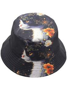 Sombrero de cubo reversible con estampado de cráneo de gato negro, unisex, adecuado para uso diario, disfraz de Halloween, vacaciones en pareja, protección solar