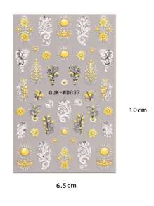 3 Pieces Of Bohemian Pattern Sunflower Relief Nail Art Stickers - Yellow, Blue, Black, And White Bohemian Fresh Hollow Patterns, Vines, Heart-Shaped Flowers, Roses, And Sunflower Art Designs, 5d Relief Technology, Suitable For Women's Disposable Self-Adhesive Back Adhesive Nail Art Stickers, Bohemian Pattern Theme Style, Easy To Stick Nail Decoration Stickers