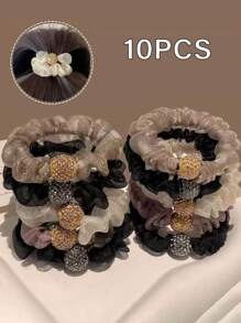 10pcs Rhinestone Mesh Hair Scrunchies, Vintage Elegant Hairbands, High Elasticity Side Braided Ponytail Holders For Women