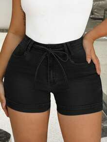 Women's Stretch Denim Casual Shorts With Pockets, Summer Black - Black - View 3