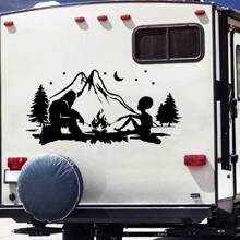1 Pc Bigfoot And Alien Campfire Vinyl Decal, Waterproof Die-Cut Camping Sticker For Car Truck Rv Camper Trailer Caravan, No-Background