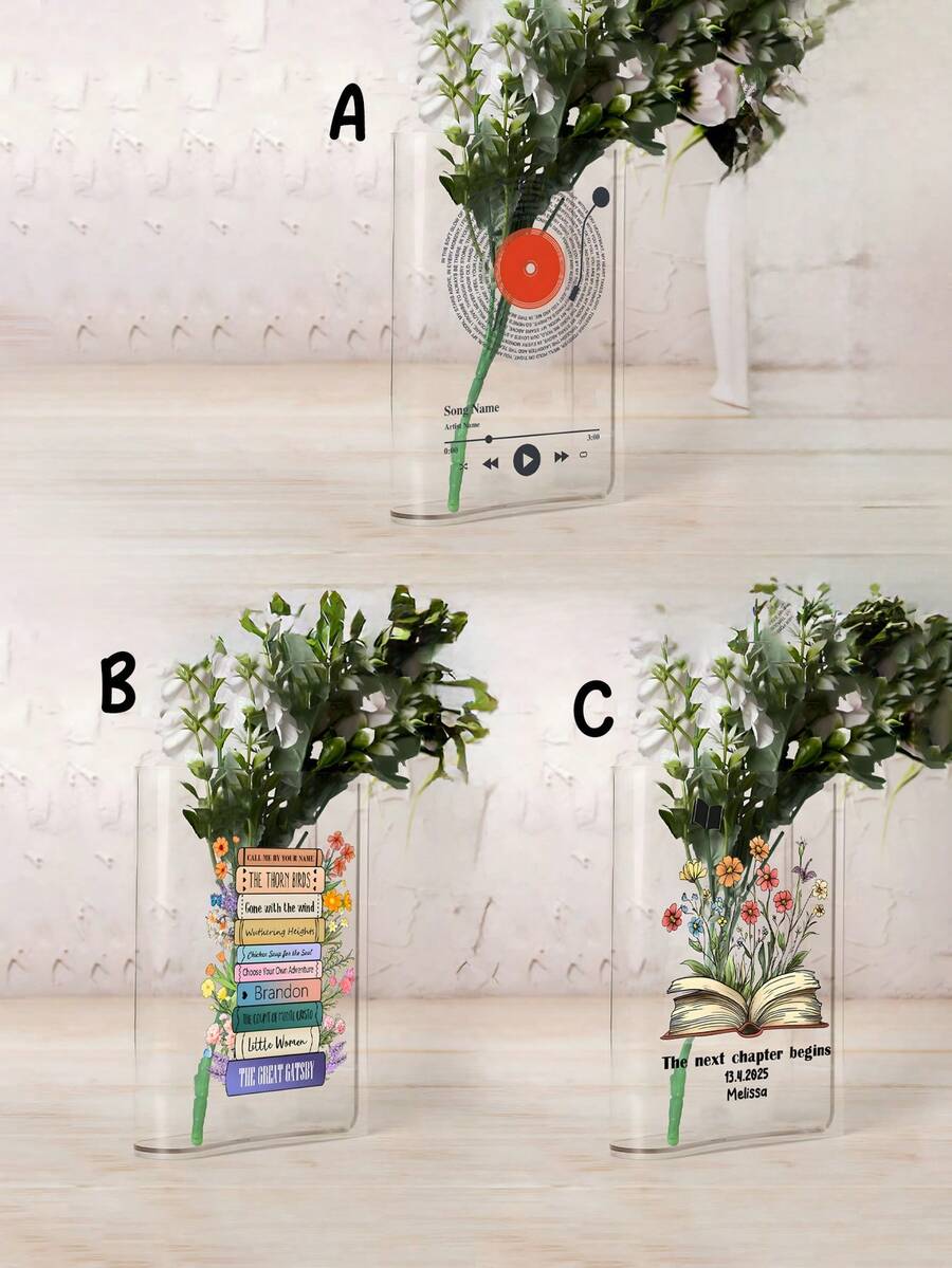 Custom Acrylic Flower Vase Personalized Transparent Book Lover Vinyl Record Style Desktop Decoration Unique Gift Idea The Next Chapter Graduation Present Back To School Gift From Family For Music And Literature Fans Office Decor Minimalist Home Decor House Decoration Living Room Display Shelf Art Birthday Gift For Her Or Him Father's Day Gift,Graphic Print - Multicolor - View 1